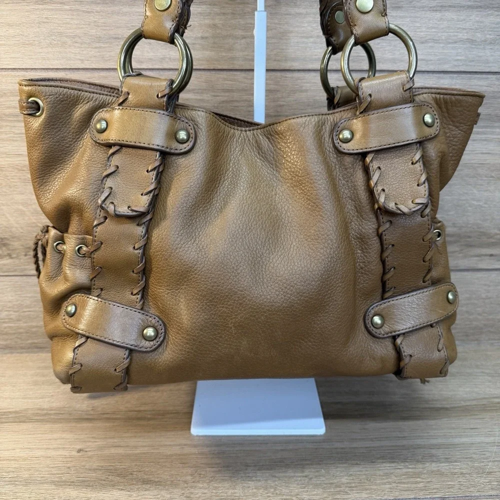 Kooba Sienna Leather Satchel Handbag Tan Whipstitch Braided Hobo Bag Vintage Y2K
